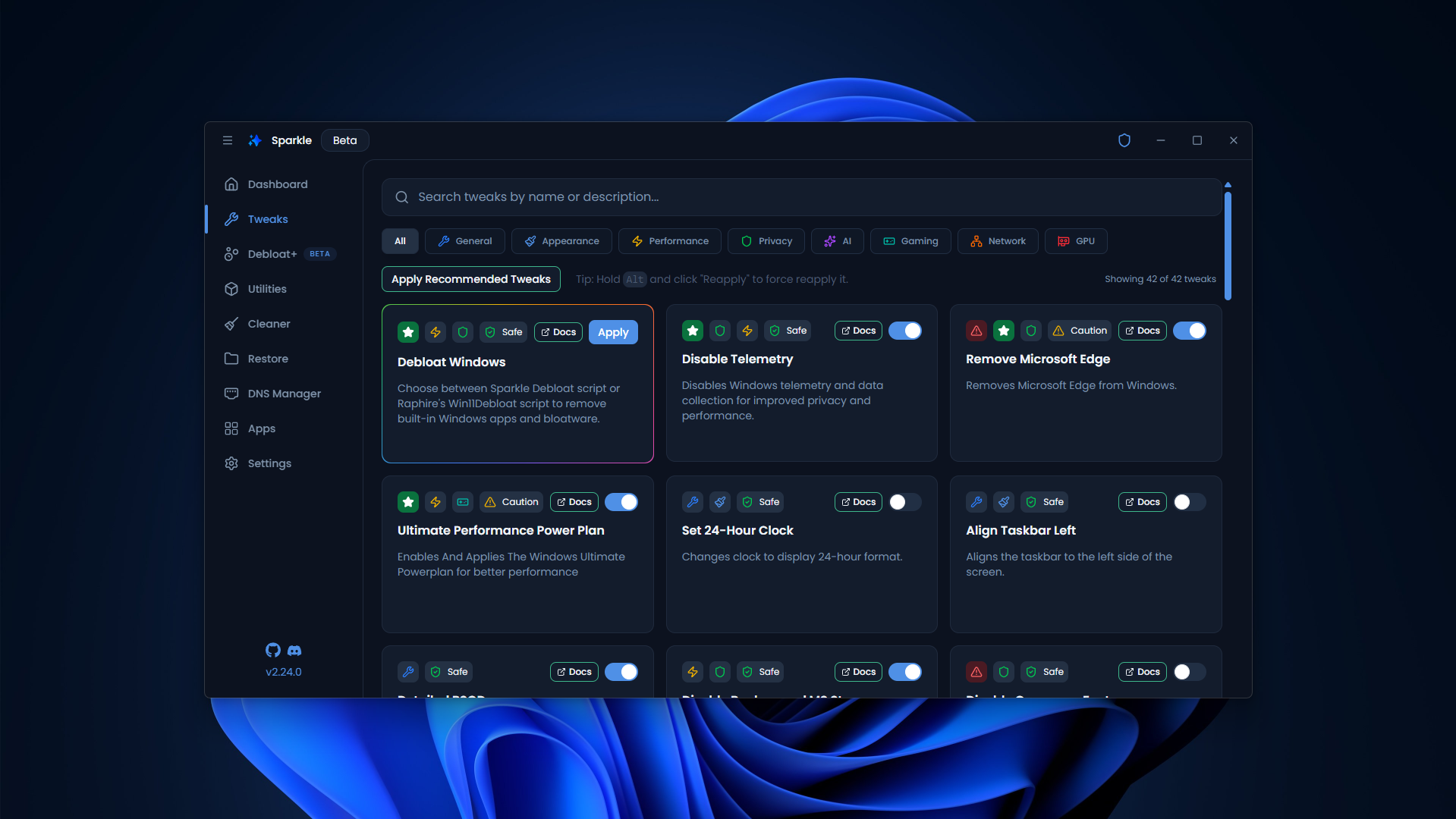 Sparkle feature: Windows debloating